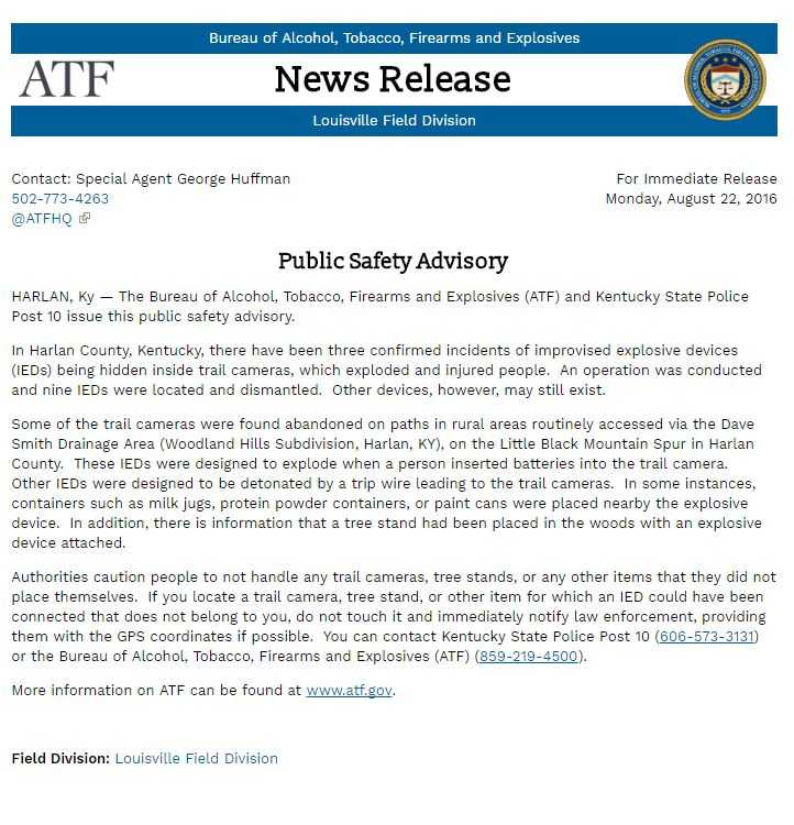 Someone Put A Bunch Of Ieds In Trail Cameras Atf Has Issued A Warning Statement