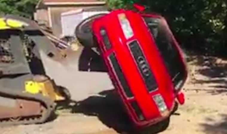 This Dad Caught His Daughter With A Dude In The Car  So He Destroys The Audi A4 With His Little Dozer Featured
