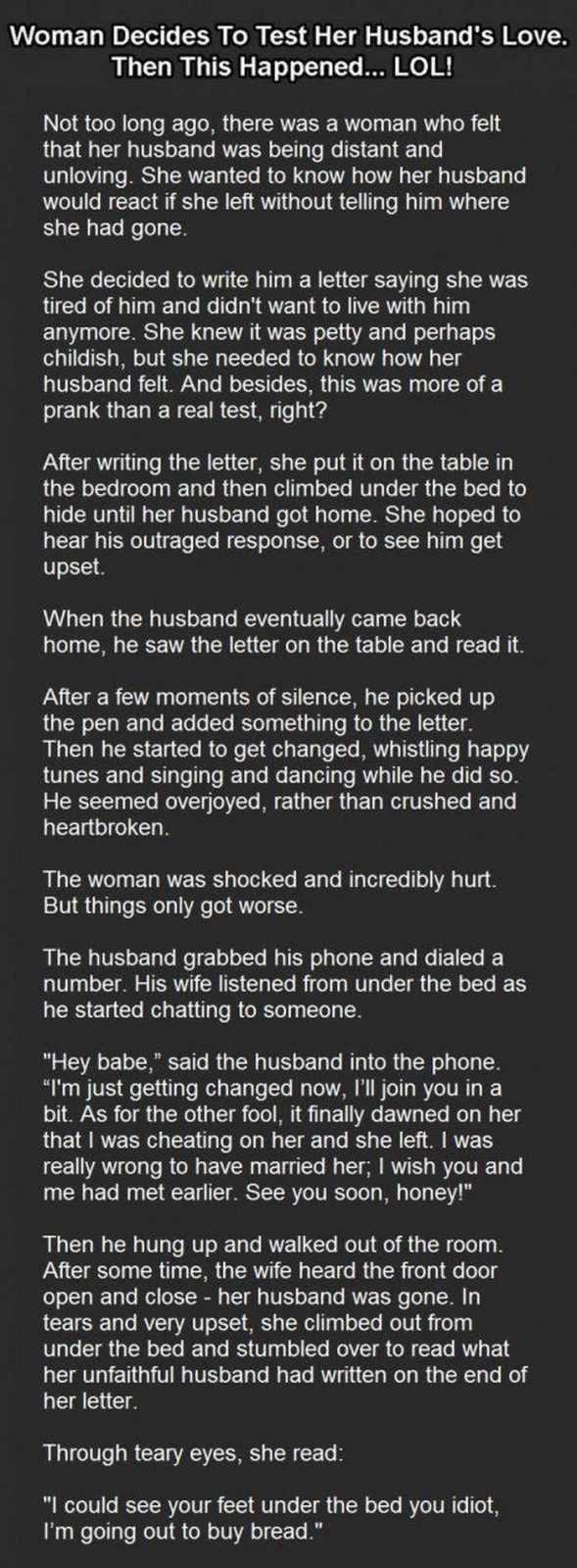 Short Story Hilarious One About A Womans Faithfullness Test