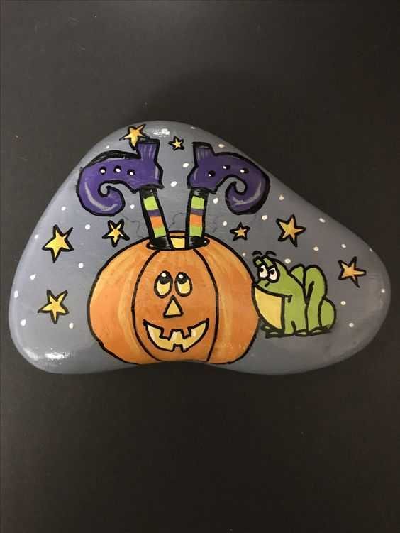 Halloween Painted Rocks  Jack O Lantern With Frog