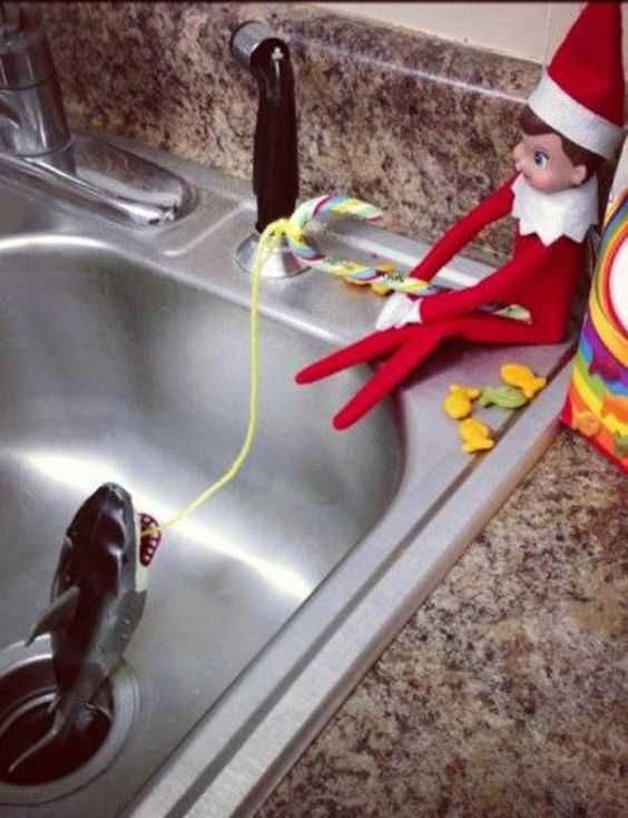 Elf On The Shelf Kitchen Fishing For Shark In Kitchen Sink