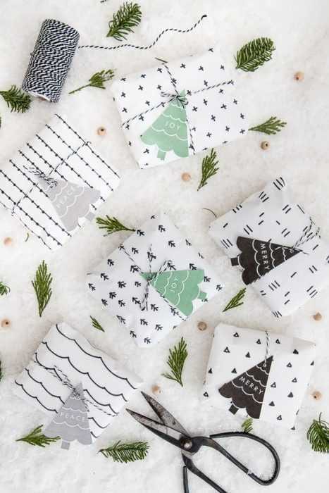 Diy Gift Wrapping  Decorate White Paper With String And Some Christmas Tree Cutouts