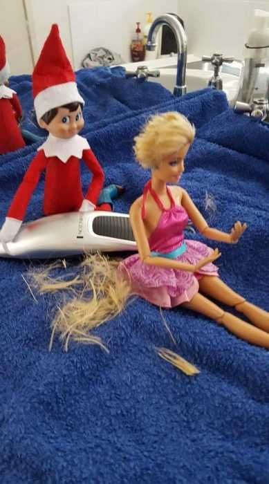 Funny-Elf-Barbie-Shave Clever Elf On The Shelf Ideas Gave Barbie A Hair Cut