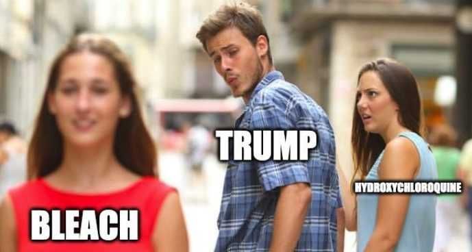 Bleach-Hydroxochorline Lysol Memes Bleach Memes And Disinfectant Memes Meme Of Trump Checking Out Bleach Girl While Holding Hands With Hydroxychloroquine Girl