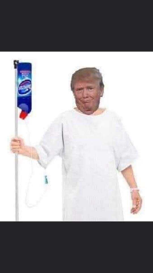 Bleach-Iv Lysol Memes Bleach Memes And Disinfectant Memes Meme Of Trump Walking With A Bleach Iv Drip In Hospital Gown