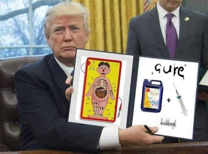 Cure-Trump Lysol Memes Bleach Memes And Disinfectant Memes Trump Holding Operation Game Up With Bleach And Syringe Labeled Cure