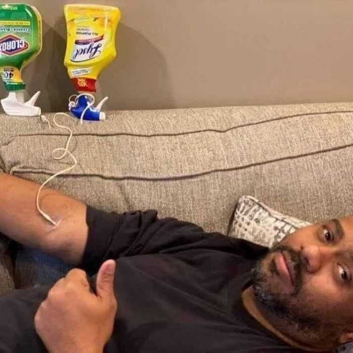 Heal-Ourselves Lysol Memes Bleach Memes And Disinfectant Memes Meme Of A Man Lying On A Sofa With Iv Drip Into His Arm Connected To Clorox And Lysol Bottles