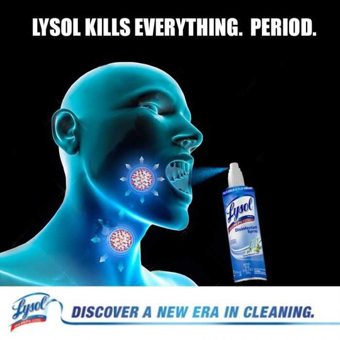 Lyrosl-Everything Lysol Memes Bleach Memes And Disinfectant Memes Meme Of Lysol In Mouth Spray Form For Use To Kill Coronavirus In Throat