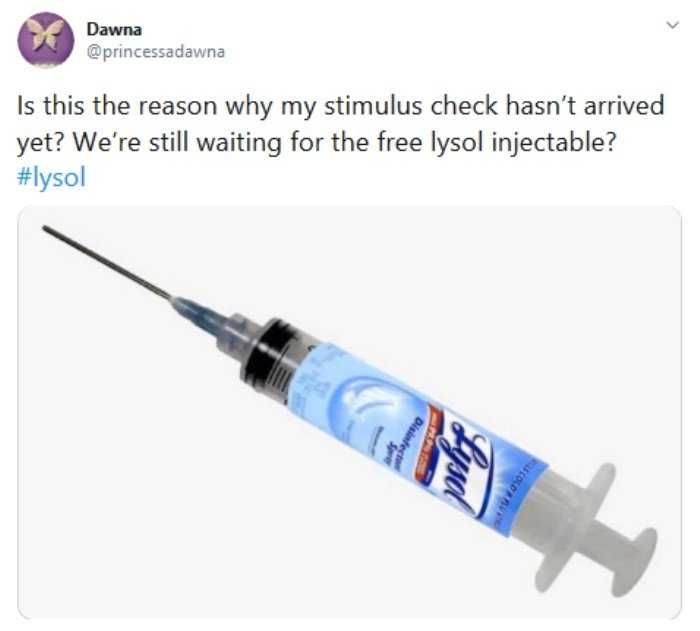 Stimulus-Check Lysol Memes Bleach Memes And Disinfectant Memes Meme Of Lysol In A Hypodermic Needle