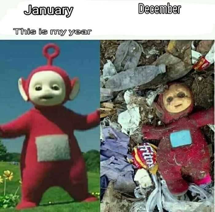 2020-This-Is-My-Year 2020 Memes 2020 Meme Depicting A Tellatubbie Ending Up In The Dump