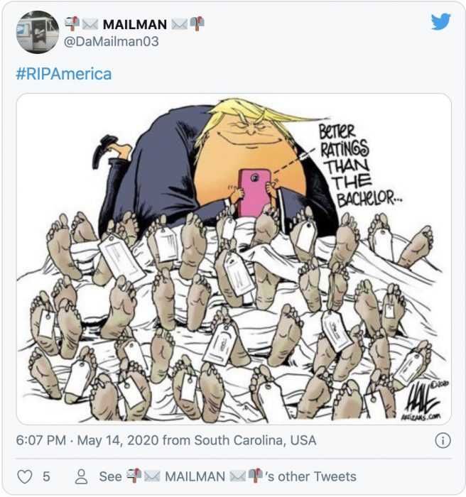 Memes-Mocking-Reopening Cartoon Trump Lying On Corpses Tweeting About Ratings