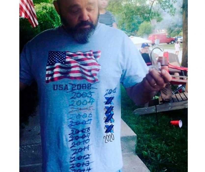 4Th-Of-July-Shirt-Meme A Man Wearing A Stars And Stripes Tshirt With Every Year He'S Worn It Crossed Out And 2020 Written At The Bottom