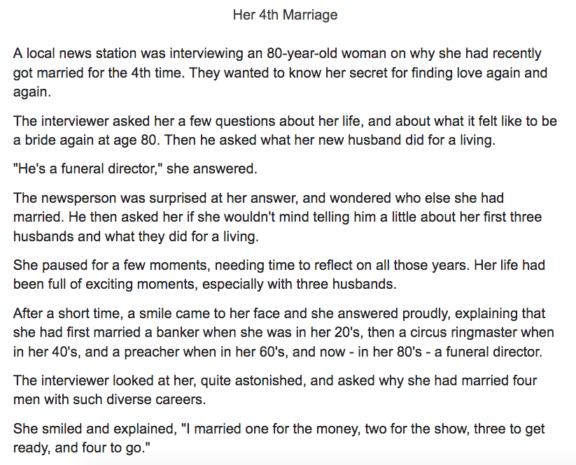 Funny-Short-Stories-For-Seniors-Her-4Th-Marriage-1 7 Funny Short Stories For Seniors Marrying For Purpose