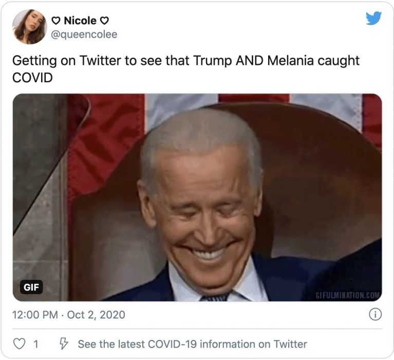 Biden Trying Not To Laugh In This Trump Covid Positive Meme Trump Covid Positive Memes Photo Of Biden Who Can'T Help Laughing Captioned By Getting On Twitter To See That Trump And Melania Caught Covid.