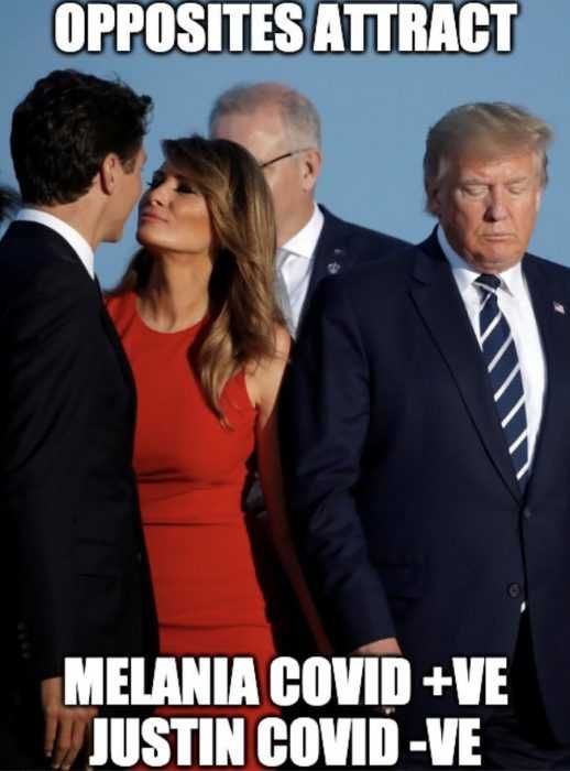 Opposites Attract In This Trump Corona Meme Trump Covid Memes Photo Of Melania About To Give Justin A Kiss Captioned With &Quot;Opposites Attract&Quot;.