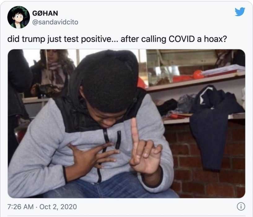 After Hearing Trump Call Covid A Hoax And Then Hearing That Trump Has Covid Trump Covid Meme Child Laughing Hysterically Captioned By Did Trump Just Test Positive ... After Calling Covid A Hoax?