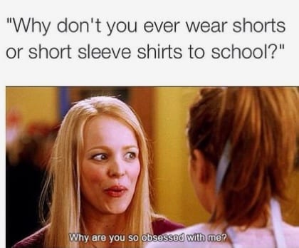 Meme Featuring A Girl Asking A Hijab Wearer Why She Doesn't Wear Short Sleeve Shirts To School.