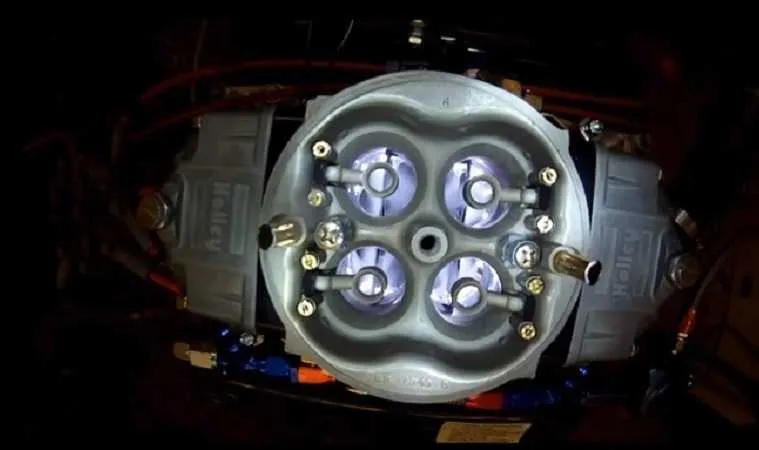 Overhead View Of A Holley 4 Barrel Carburetor On An Engine Dyno Featured