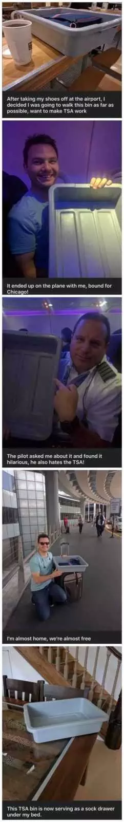 Series Of Funny Pictures Of A Pilot Trolling Tsa By Taking A Tray With Him From Security, Onto A Flight And All The Way Home.