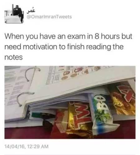 A Creative Student Posts A Funny Picture About How A Student Places Chocolate Bars In Between Pages Of His Notes To Help Motivate Himself To Study For His Exam.