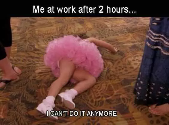 Little Girl In Pink Dress Collapsed On Floor With Caption Me At Work After 2 Hours