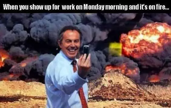 Meme Showing Tony Blair Taking Selfie With Explosions In Background