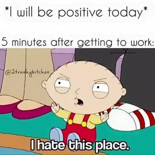 Stewie Saying I Hate This Place With Caption 5 Minutes After Getting To Work Meme