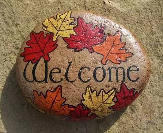 Fall Painted Rock  Welcome Rock Decorated With Red Yellow And Orange Maple Leaves