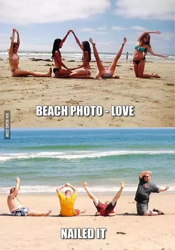Funny Nailed It Meme  Girls Posing For &Quot;Love&Quot; Beach Photo Vs Guys Posing For &Quot;Love&Quot; Beach Photo.