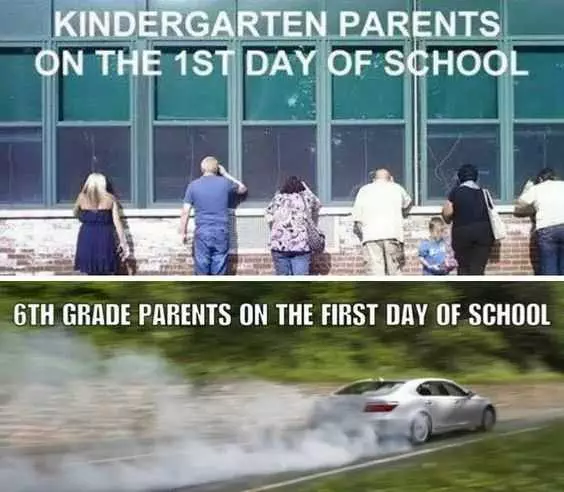 Meme Highlighting Difference Between Kindergarten Parents And 6Th Grade Parents On First Day Of School