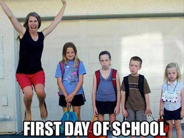 First Day Of School Meme Showing A Mom Jumping For Joy And Her Kids All Frowning