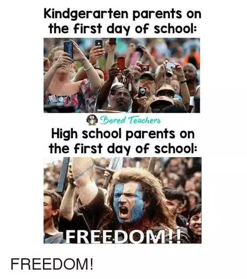 Meme Showing Difference Between First Day Of School For Kindergarten Parents And High School Student Parents.