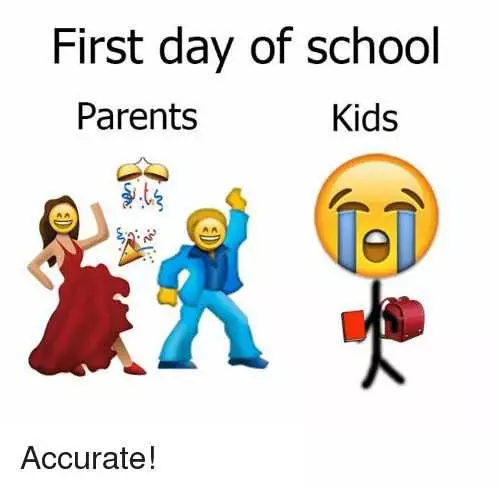 Best First Day Of School Meme Featuring Parents With Dancing Emoji And Kids With Crying Emoji