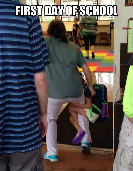 Meme Showing A Kid Hanging Onto Parent'S Leg Refusing To Go To School On The First Day