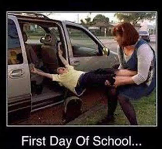 Meme Featuring A Mom Dragging Her Kid Out Of The Car On The First Day Of School