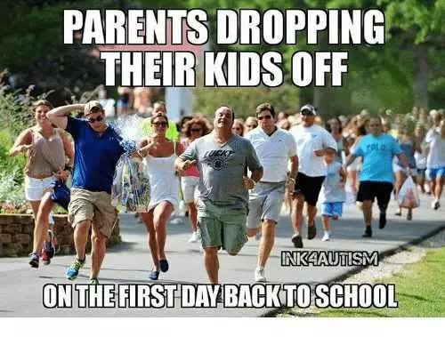 Meme Showing Parents Running Away From School After They Dropped Their Kids Off On The First Day