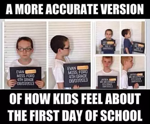 Meme Of A Kid On Mug Shot Captioned A More Accurate Version Of How Kids Feel About The First Day Of School