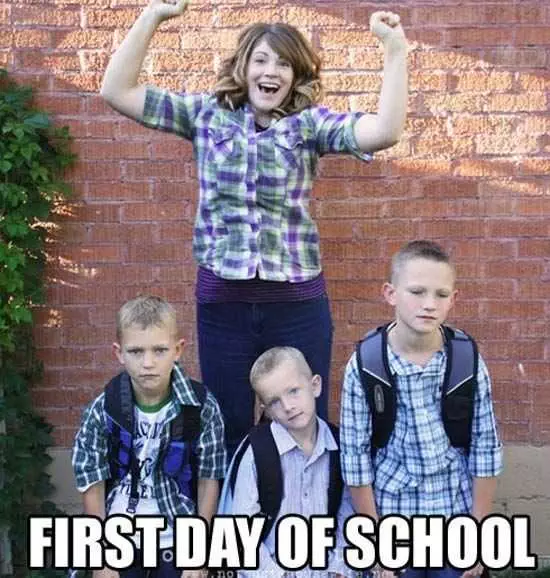 Happy Mom In Front Of Her 3 Sad Kids In A First Day Of School Meme
