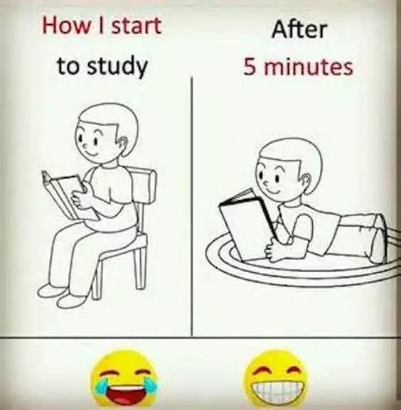 Picture Of Child Reading On A Chair Next To A Child Reading While Lying Prone On A Carpet Captioned How I Start To Study And Then After 5 Minutes