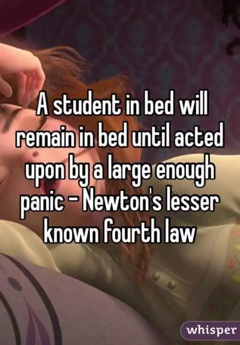 Newton's Fourth Law Meme Stating A Student In Bed Will Remain In Bed Until Acted Upon By A Large Enough Panic