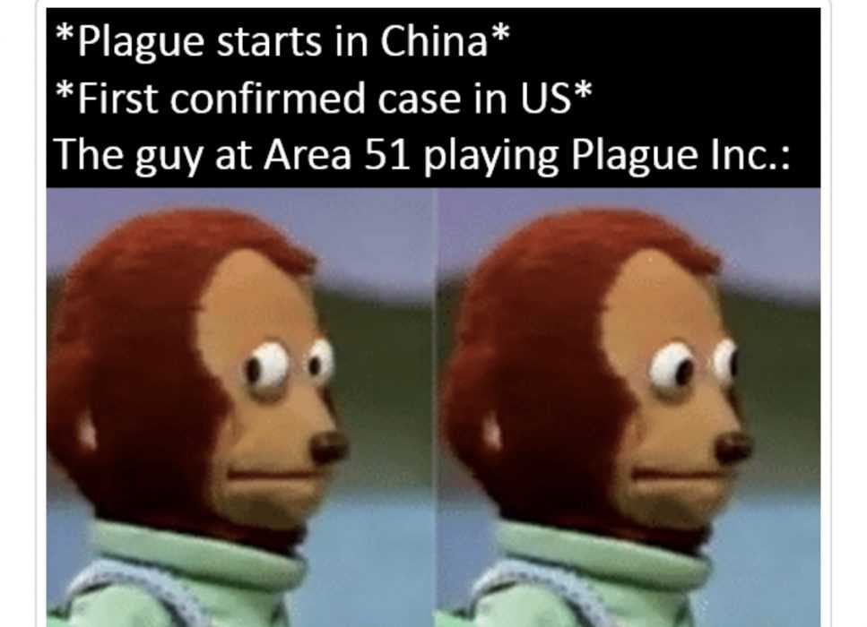 Corona-Virus-Meme-4 One Of Our Funny Covid Memes Showing Plague In China Started By Guy At Area 51 Playing Plague Inc.