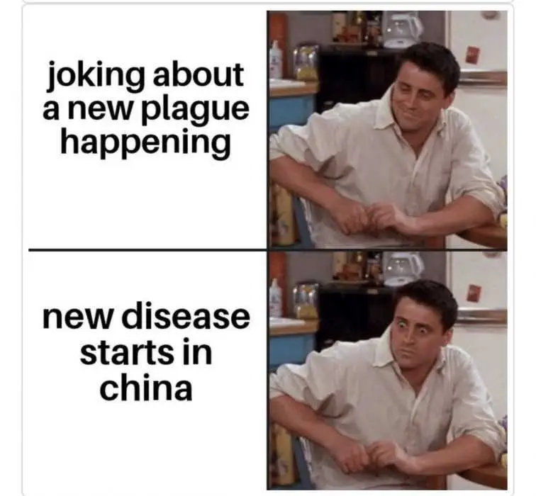 Corona-Virus-Meme-5 Another Of Our Funny Covid Memes Showing Joey From Friends Joking About New Plague And Expression Changes When He Hears Of News Of New Disease In China