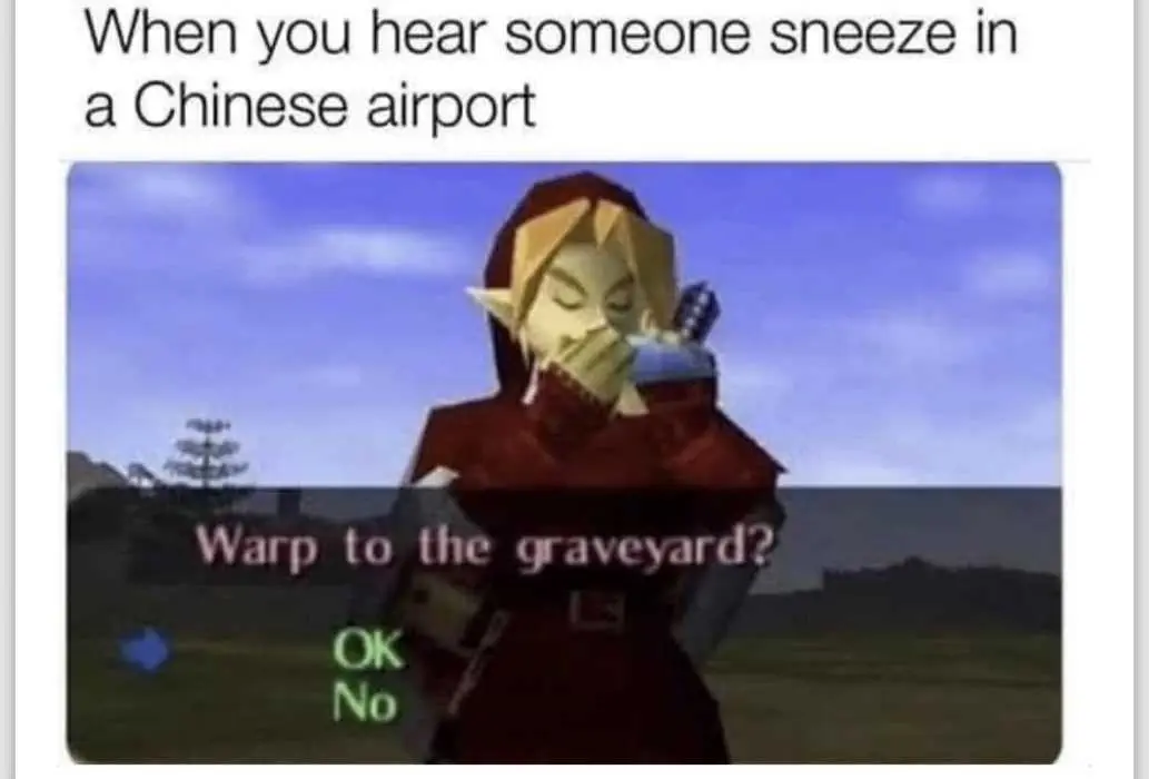 Corona-Virus-Meme-9 Funny Covid Meme Of Someone Sneezing In Chinese Airport And A Game Option Asking To Warp To Grave Yard