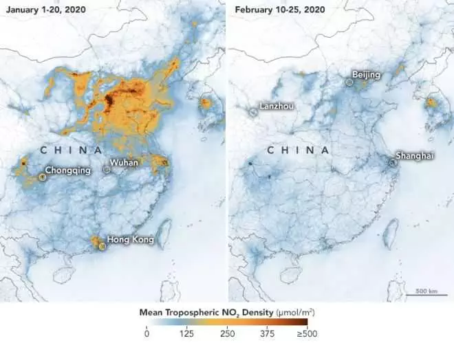 Nasa Image Of Nitrogen Dioxide Levels Over China Between Jan 2020 And Feb 2020