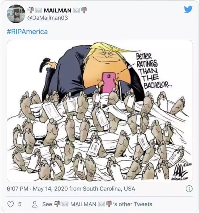 Cartoon Trump Lying On Corpses Tweeting About Ratings