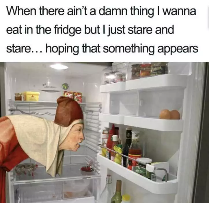 Meme Of A Priest Staring At Fridge Hoping Something Good To Eat Appears