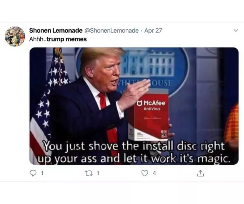 Trump Memes  Trump Meme Showing How He May Suggest Using Antivirus Software To Treat Corona