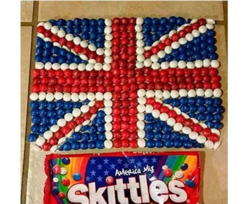 A Brit Arranging America Mix Skittles In British Flag Meme