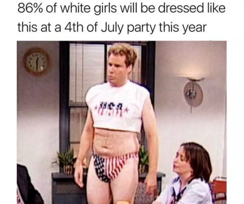 Will Ferrel Dressed In Crop Top And A Stars And Stripes Bikini Bottom With Caption Saying 86% Of White Girls Be Dressed Like This On Fourth Of July