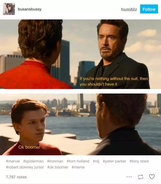Ok Boomer Meme Depicting Iron Man And Spiderman